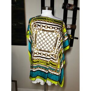 Michael Kors Women Teal Lime Green Chain Scarf Print Poncho Top S/M